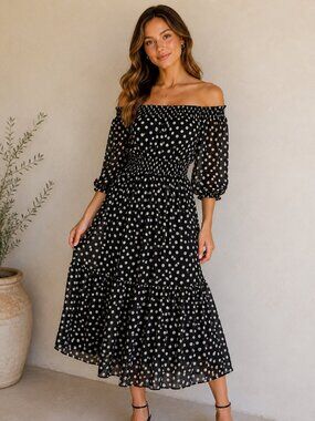 Just Taylor Dress Women 12 Black White Polka Dot maxi off shoulder smocked waist
